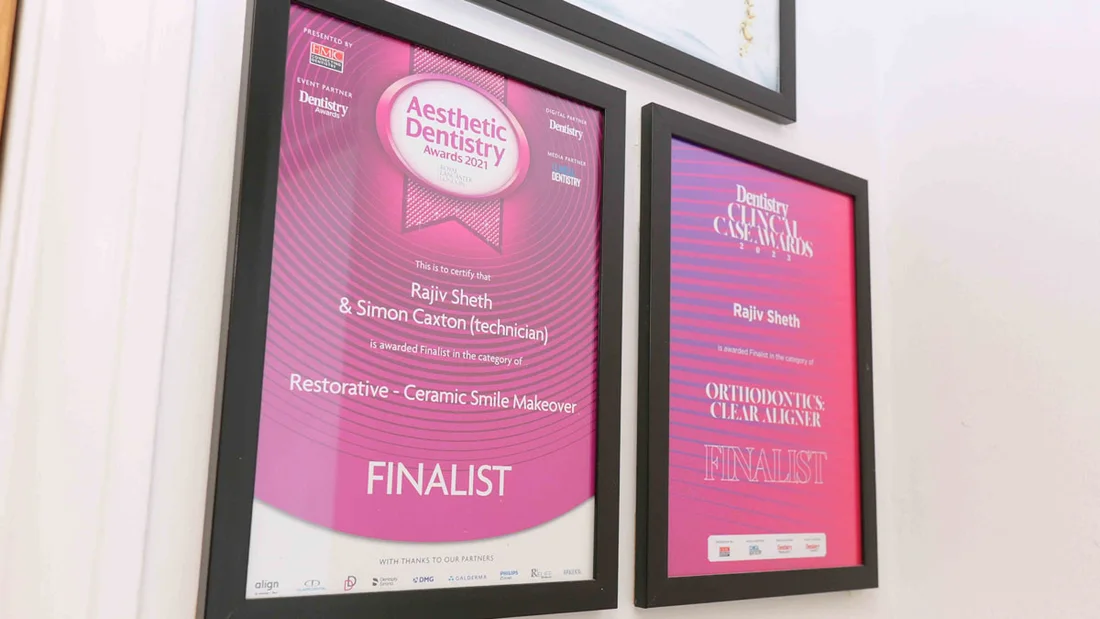 Aesthetic Dentistry Awards finalist certificates at Hacton Dental Care